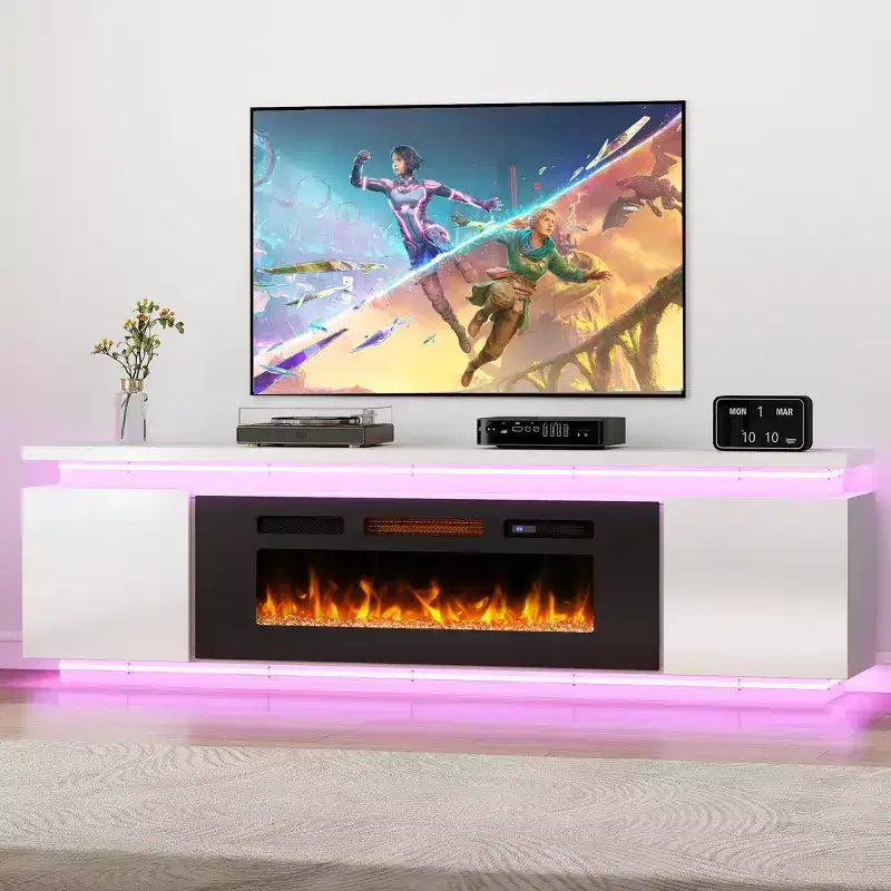 Skyzoo Electric Fireplace TV Stand for TVs up to 80 with LED Lights & 4 AC Power Outlets, TV console for Living Room