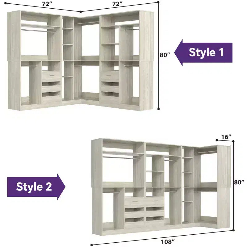 Besiost Set of 3 Corner Closet System with Tower Shelves and Drawers, Freestanding Closet Organizer with Hanging Rods