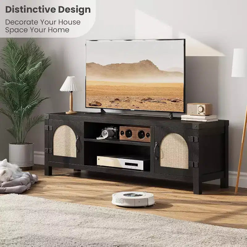 65-inch Bohemian-style TV stand with wicker door - Wooden entertainment center with two cabinets and adjustable shelves, suitable for living rooms