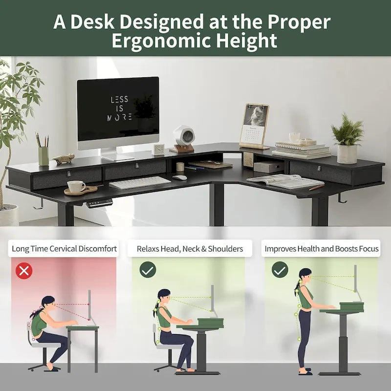 L-Shaped Electric Standing Desk with 3 Drawers & Lockable Casters, 63