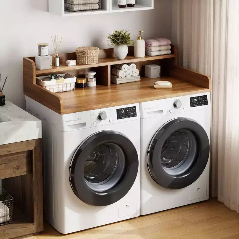 Wood Washer and Dryer Topper, 54 Laundry Countertop with 2-Tier Storage Shelf, Anti-Slip Work Surface with Guardrails for Laundry Organization