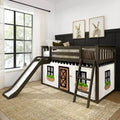 Twin Over Twin Low Bunk With Easy Slide & Black & White Farmhouse Curtain