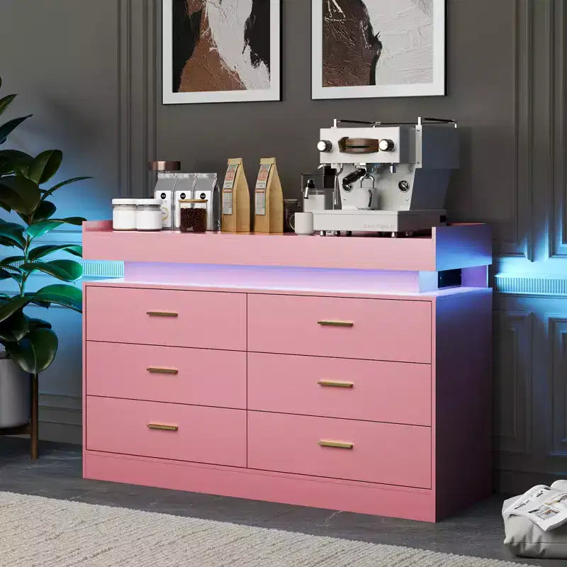 Modern TV Stand with 6 Drawers & LED Lights, Floating Countertop Coffee Bar for Living Room Entertainment Center