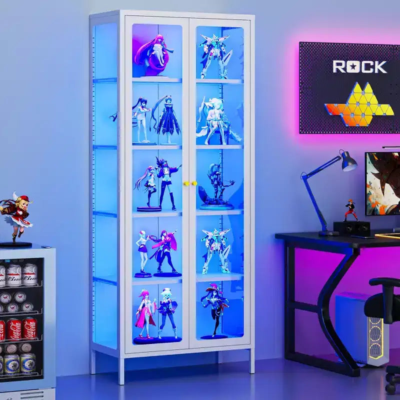 Bekrvio 67H 3-Side Glass Display Cabinet With LED Lights,5-Layer Storage with Double Doors and Metal Frame for Collectibles, Ideal for Small Spaces