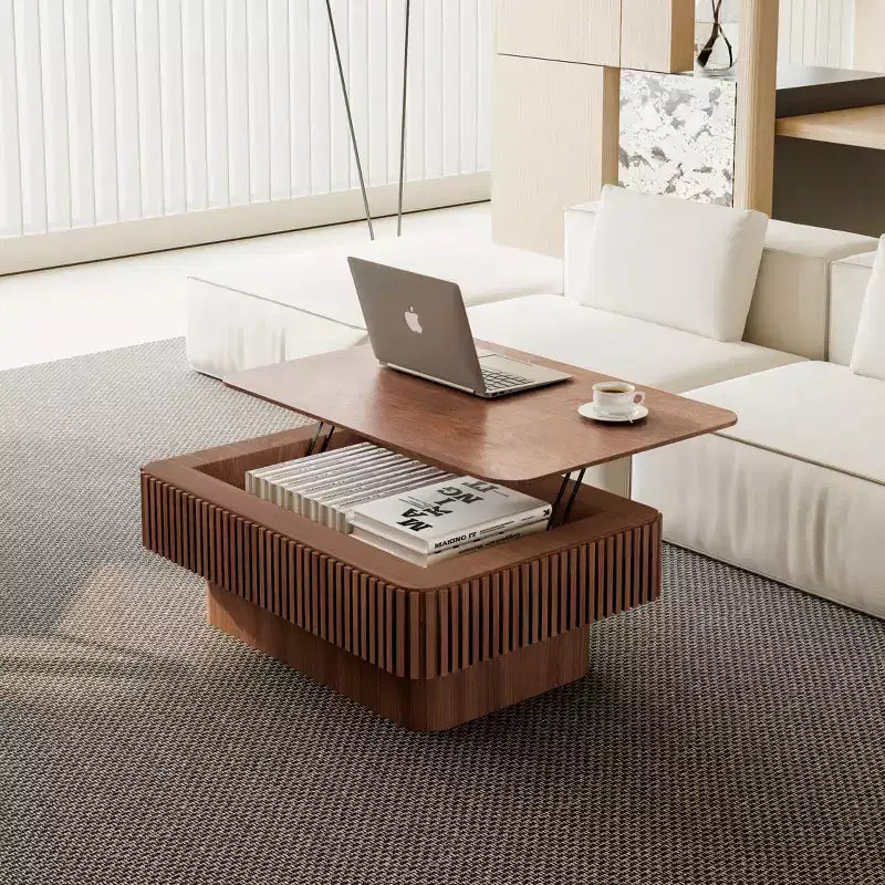 JVNOXK 38.6'' Fluted Lift-Top Coffee Table with Storage, Solid Wood Veneer Adjustable Height Modern Accent Table for Living Room, Bedroom, Walnut