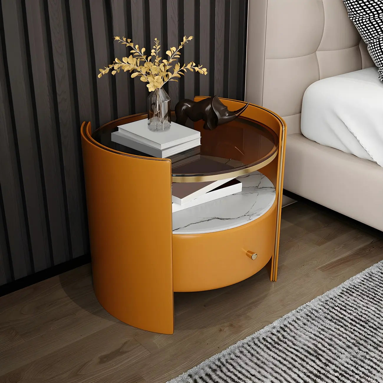 Luxury Glass Top Nightstand with Drawer Storage and Open Cubby