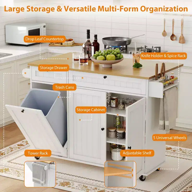 55 Mobile Island Table with Power Outlet & Drop Leaf, Kitchen Rolling Island Kitchen Island Cart with Trash Storage Cabinet for Kitchen