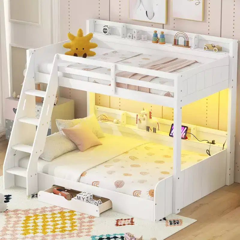 Twin over Full Bunk Bed with Storage, LED Lights & Charging Station, Wood Bunked Bed Beside Shelves for Kids & Teens