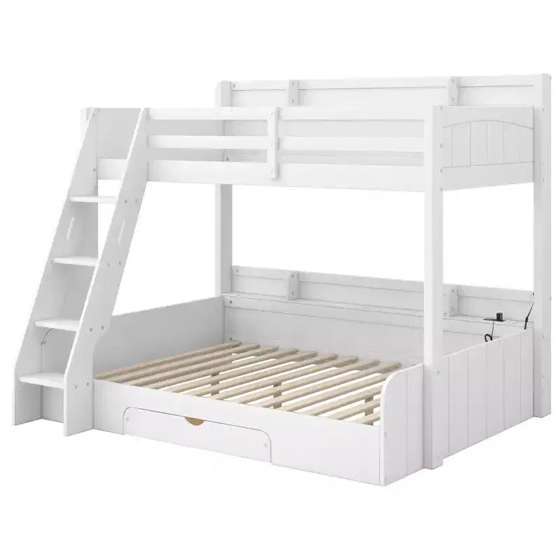 Twin over Full Bunk Bed with Storage, LED Lights & Charging Station, Wood Bunked Bed Beside Shelves for Kids & Teens