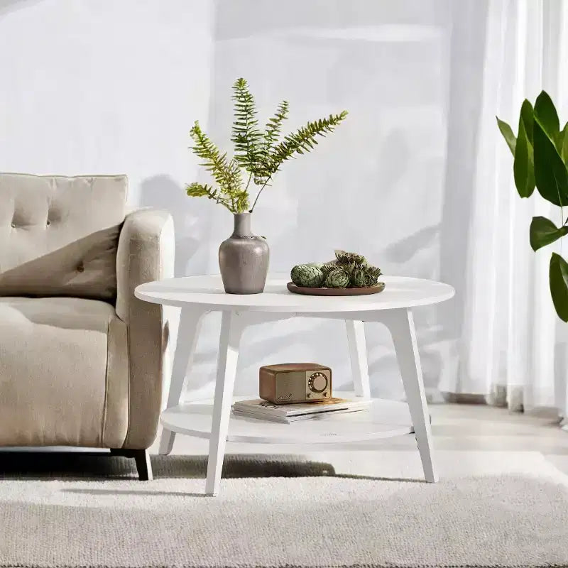 Honey Brown Round Coffee Table with 2 Tiers of Storage, Measuring 31.5 x 17.7 Inches, Ideal for the Living Room