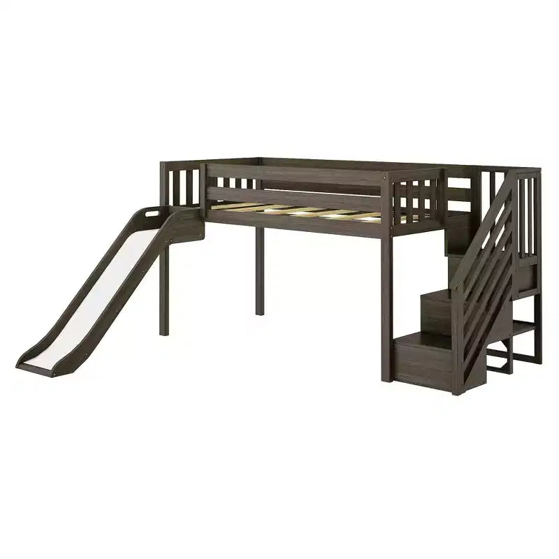 Kids Twin Low Loft Bed with Slide & Stairs, Solid Wood, 14 Guardrails, 400 lb Capacity
