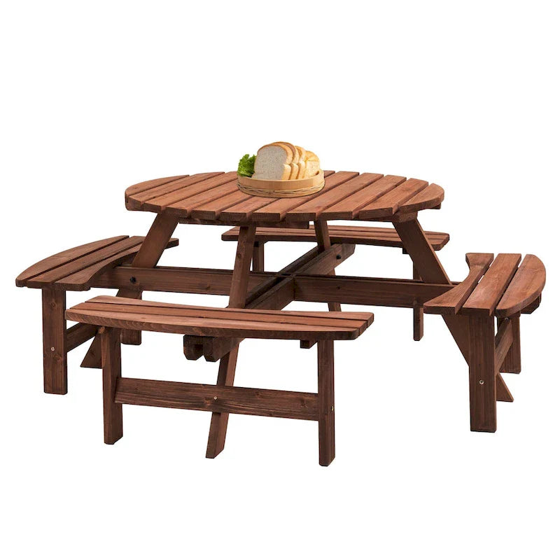 8-Person Outdoor Patio Fir Wood Round Picnic Dining Set with 4 Built-in Benches and Umbrella Hole