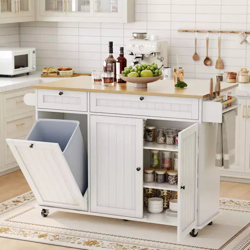 55 Mobile Island Table with Power Outlet & Drop Leaf, Kitchen Rolling Island Kitchen Island Cart with Trash Storage Cabinet for Kitchen