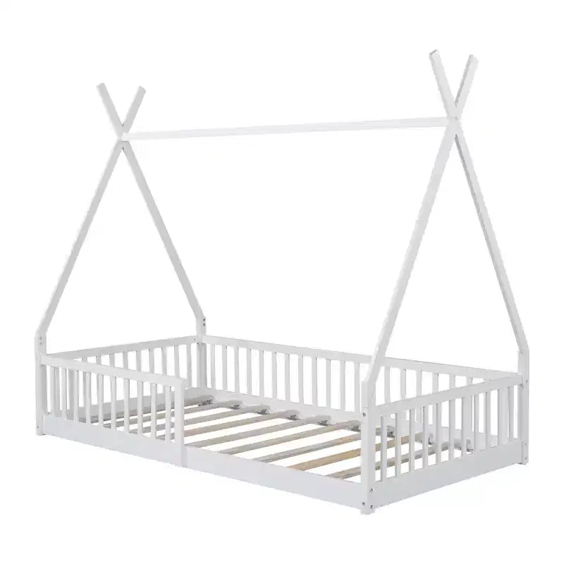 Floor Bed for Kids, Twin Size Tent Beds, Montessori Floor Bed with Slats and Fence Rails, Wood House Bed Frame for Boys Girls
