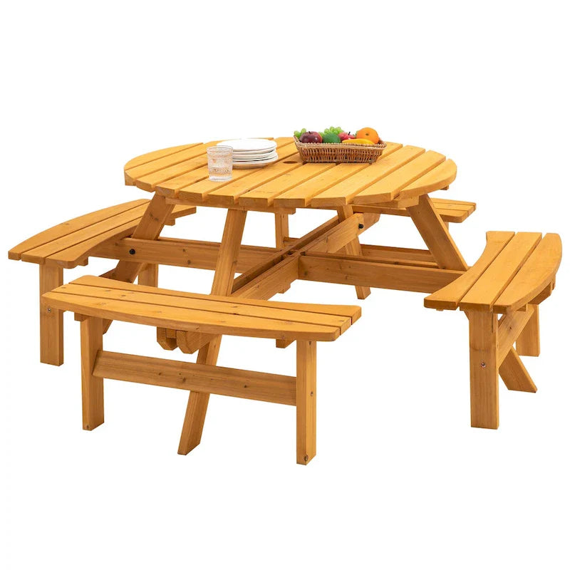 8-Person Outdoor Patio Fir Wood Round Picnic Dining Set with 4 Built-in Benches and Umbrella Hole