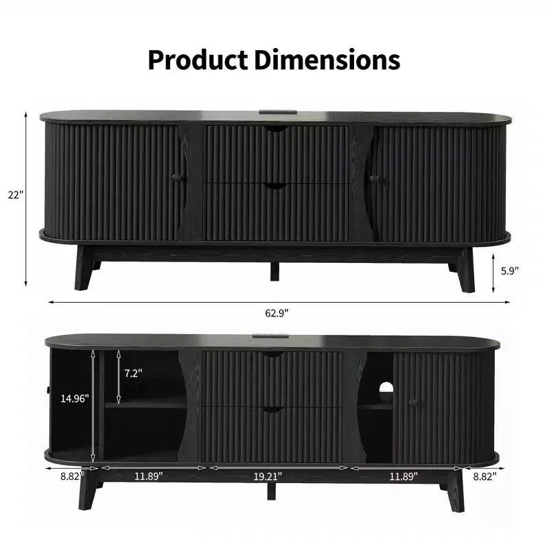 Black/Brown Mid Century TV Stand with 2 Drawers, for 1 Room