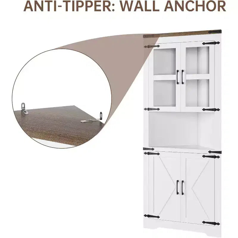 69 Tall Corner Cabinet, Farmhouse Corner Storage Cabinet, Space Saving Storage, Glass Door, Adjustable Shelves, for Living Room, Kitchen
