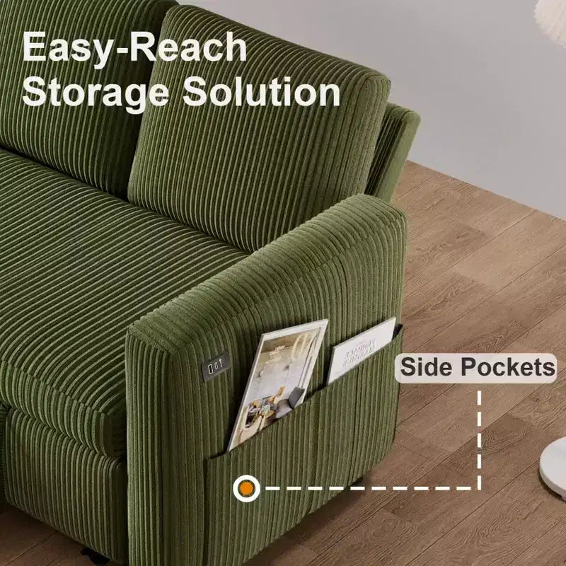 Dyonery 2 in 1 Pull Out Sleeper Sofa with Storage Chaise C Corduroy Sectional Couch with USB Ports for Living Room