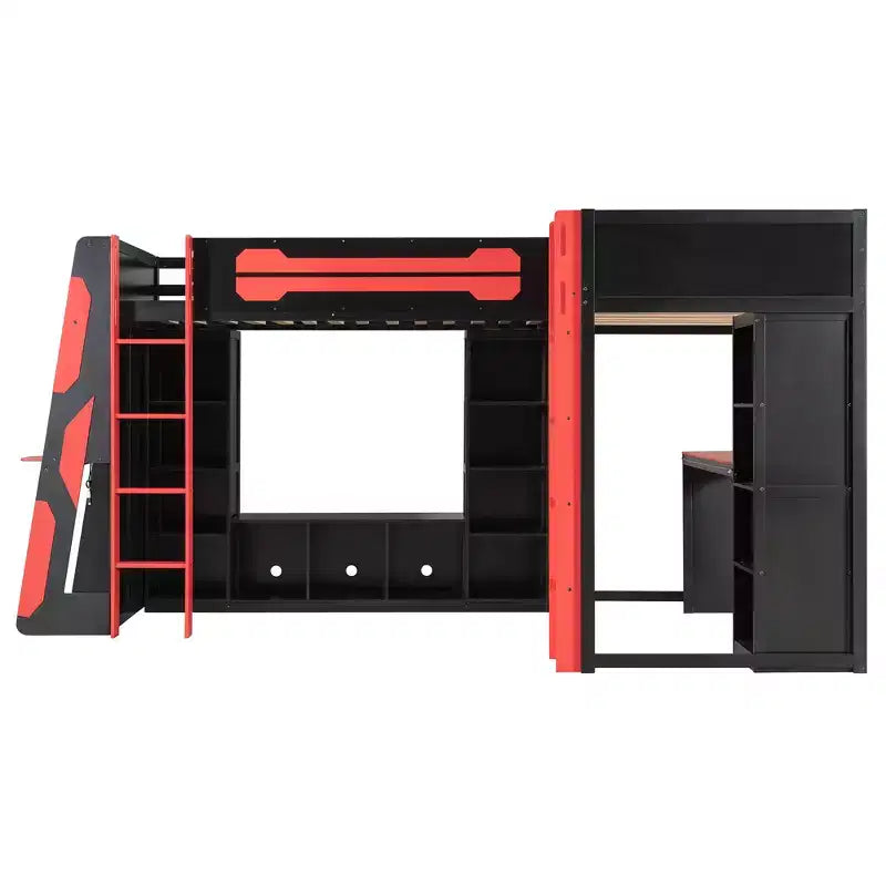 L-Shaped Gaming Loft Bed with Desks, Double Twin Loft Beds with LED Lights, USB Ports, Storage Bookshelves, Wood Corner Loft Bed for 2