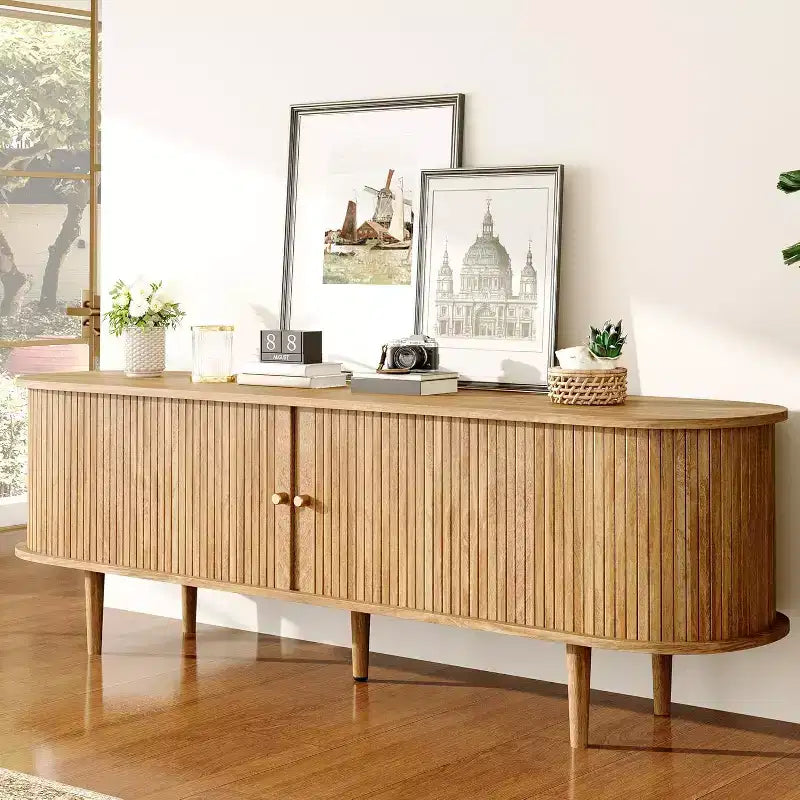AMERLIFE 70 TV Stand with Solid Wood Legs, Mid Century Modern TV Console with Tambour Door
