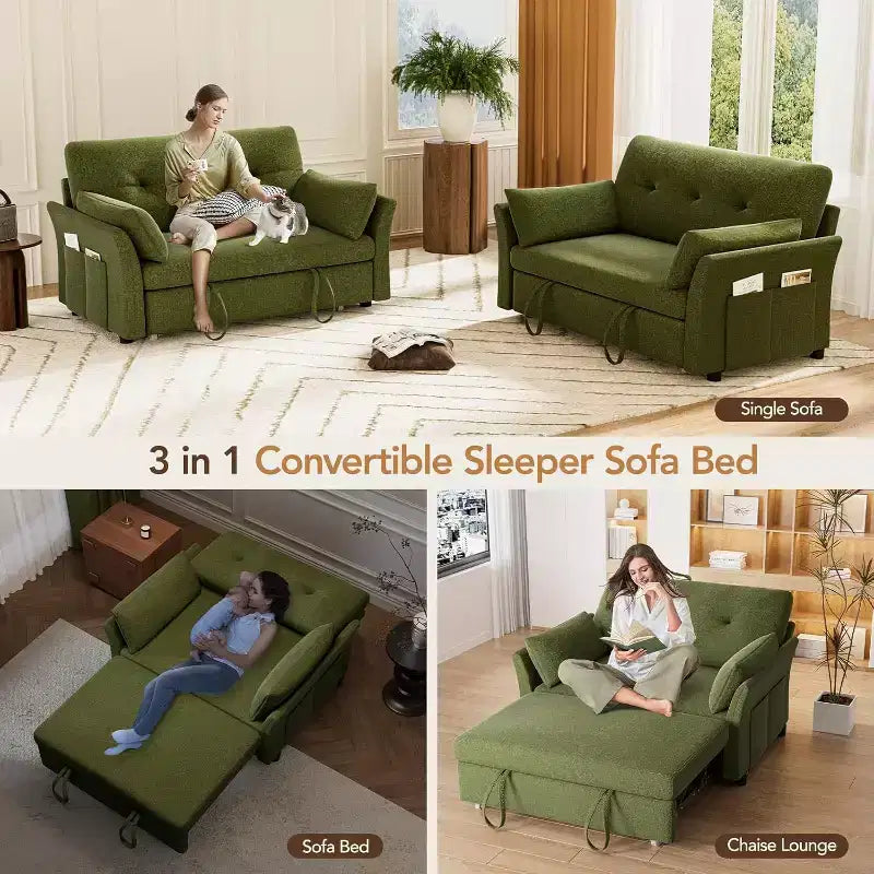 Dyonery 3-in-1 Convertible Sofa Bed, Pull Out Sleeper Sofa with Side Pocket & Adjustable Backrest, Tool-Free Assembly, Folding Loveseat