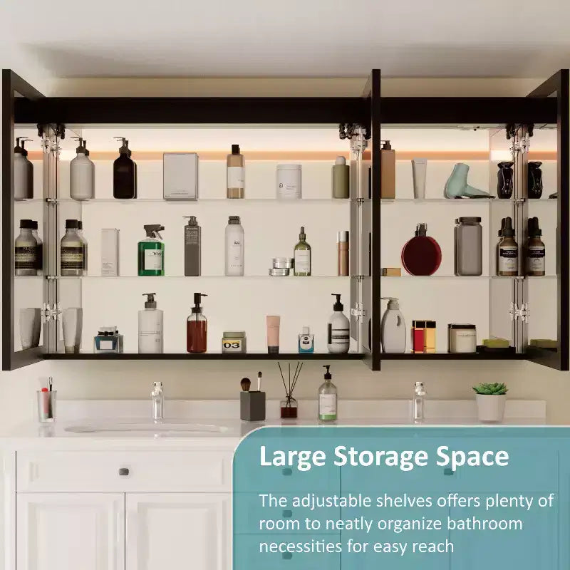Armoire de toilette avec miroir LED, montage en saillie ou encastré, lumière dimmable, anti-buée, étagères réglables