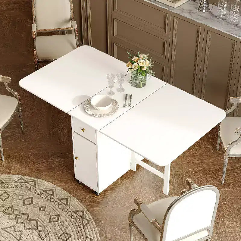ATJafurn 59'' Foldable Dining Table with Drop Leaves for Small Space, Rectangular Wooden Extendable kitchen Table with Wheels and Storage