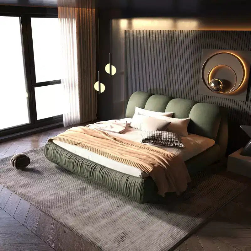 MAYEERTY Queen Size Luxury Upholstered Platform Bed with Oversized Padded Backrset and Solid Wood Frame Green