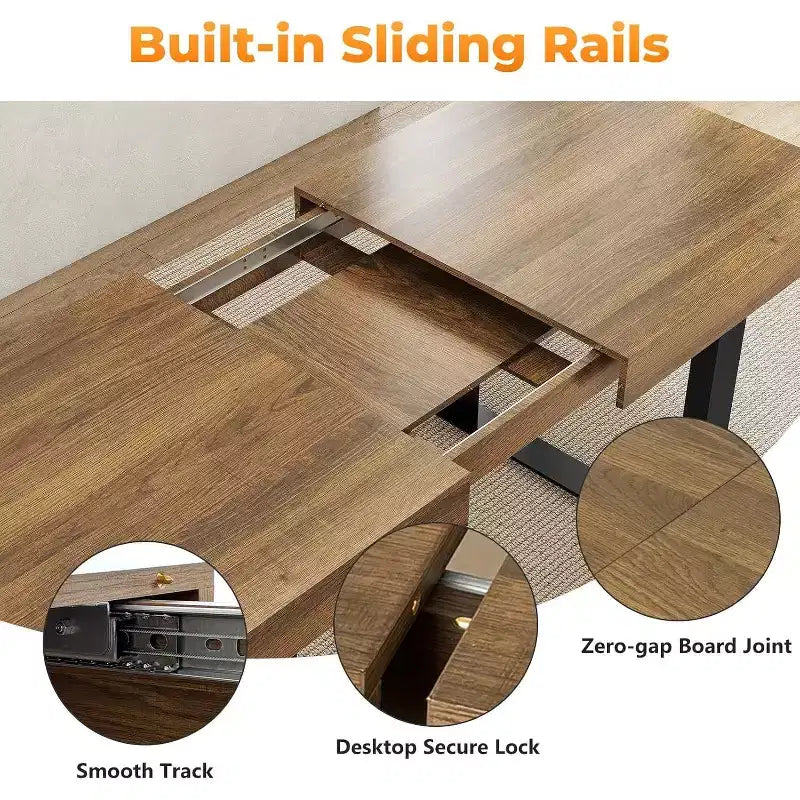 Zevemomo 63-78.7 Expandable Dining Table, 6-10 Rectangular Kitchen Table with Metal Track, Tapered U-Shaped Legs for Dining Room, Office-Brown