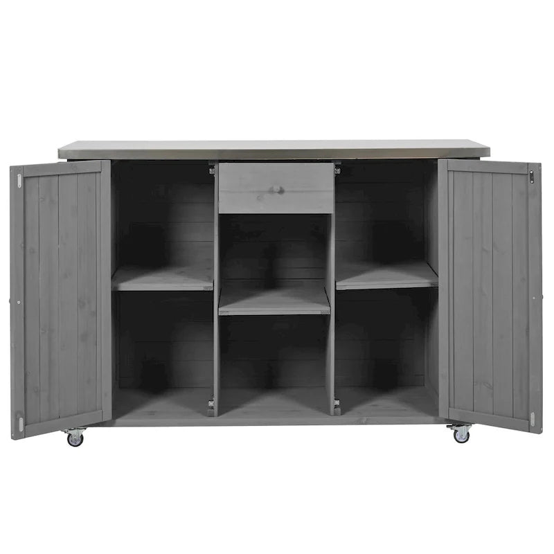 Îlot de cuisine d'extérieur, bois de sapin rustique avec plateau en acier inoxydable et rangement intelligent