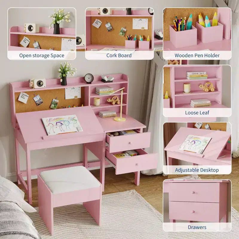 Kids Desk and Chair Set, Wooden Study Table with Adjustable Tilt Desktop, Drawers & Cork Board - Children School Learning Desk Set