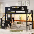 ModernLuxe Full/Queen Loft Bed with Stairs & Built-in Wardrobe, Metal Bed Frame with LED Lights, USB Charging Station & Storage Shelves