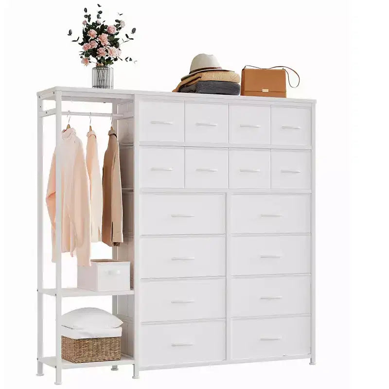 Dresser with 16 Drawers & Hanging Rod & Shelves, Fabric Storage Organizer for Bedroom, Closet, or Entryway