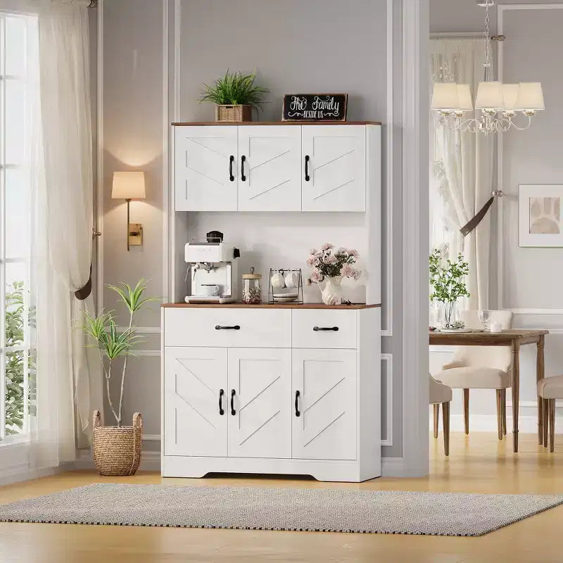 Meuble de cuisine de 71 pouces avec station de recharge, grand plan de travail, support à micro-ondes et 2 tiroirs, rangement de type « hutch » pour salle à manger et salon
