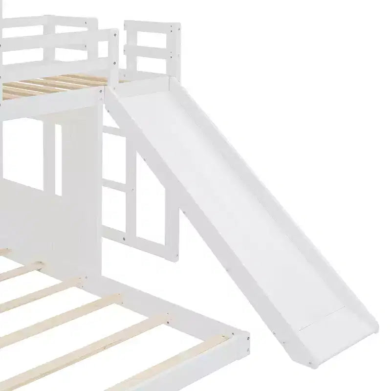 Luxystar Twin Over Full Wood Bunk Bed with Playhouse, Slide and Guardrails