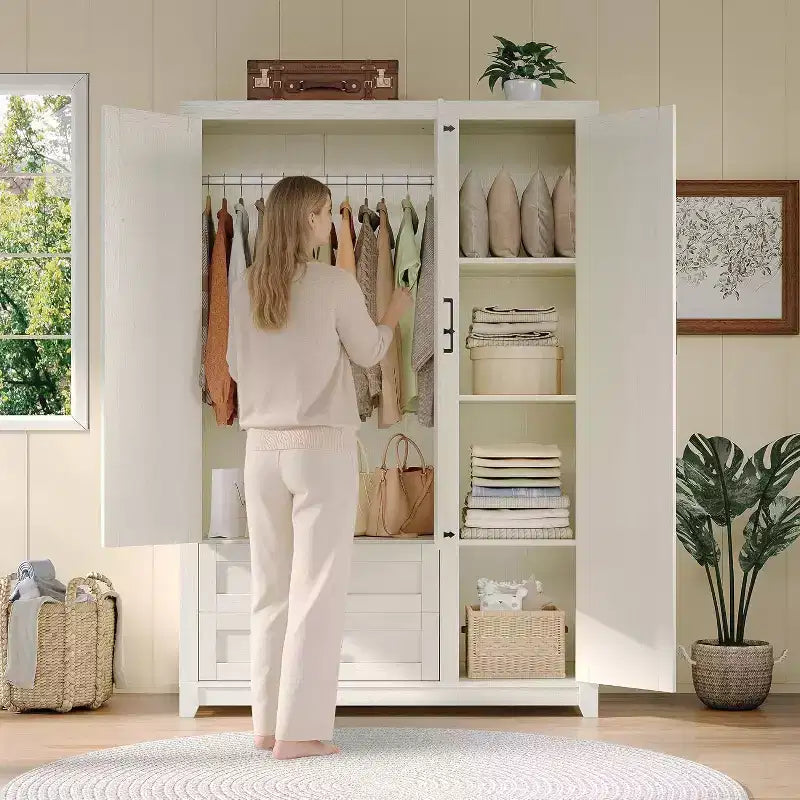 AMERLIFE 47 Farmhouse Wardrobe Armoire with 3 Doors, 2 Drawers, Hanging Rod & Adjustable Shelves, Freestanding Closet Organizer