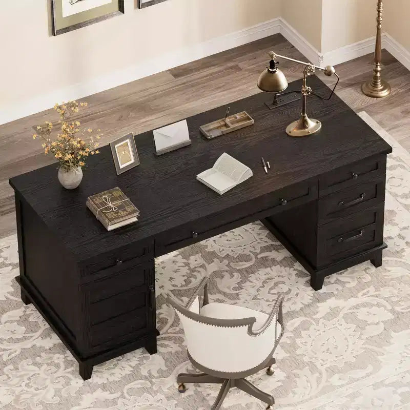 60 Executive Desk with Drawers, Home Office Desk with Charging Station, Wooden Computer Writing Desk for Study, Conference Table for Living Room