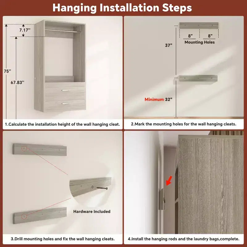 Freestanding Closet System with 8 Hannging Rods and Drawers, Hanging Closet Organizer with 10 Shelves