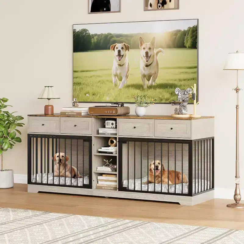 82 Double Dog Crate Furniture, Large Dog Kennel Indoor for 2 Dogs, Heavy Duty Wooden Dog Crate TV Stand with 4 Drawers and Shelves