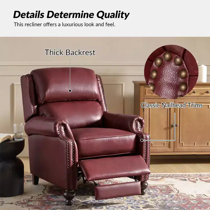 Set of 2 Elisabete Modern Wingback Genuine Leather Recliner with Vintage Nail Head Trim for Living Room and Bedroom| ART OF LIVING DESIGNS