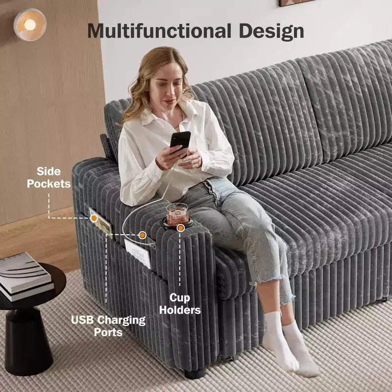 Dyonery 91 Sectional Sleeper Sofa Bed with Pull Out Bed,Reclining Backrest/Two Pull Out Beds/USB Ports/Cup Holders, Plush Corduroy