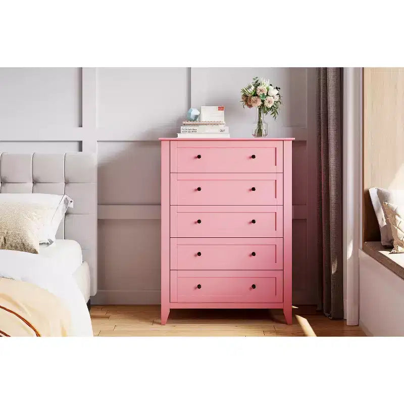 5-Drawer 42.5-Inch Tall Dresser for Bedroom, Wooden Storage Cabinet with 11.9-Inch Deep Drawers & Gold Metal Knobs, Ideal for Entryway, or Hallway
