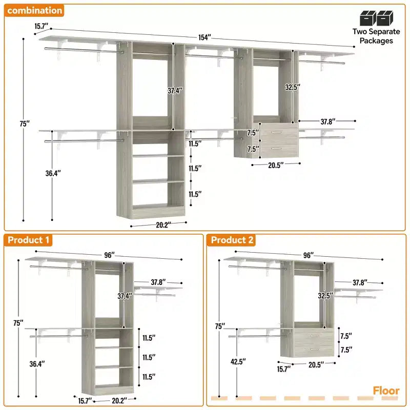 Besiost Freestanding Closet System with 8 Hannging Rods and Drawers, Hanging Closet Organizer with 10 Shelves