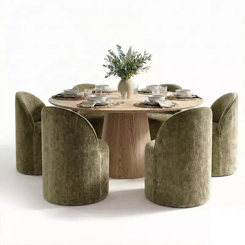Modern Dining Table Set For 6, Round Pedestal Dining Table, Swivel Rolling Barrel Chairs With Wheels, Textured Chenille- Panipeachy