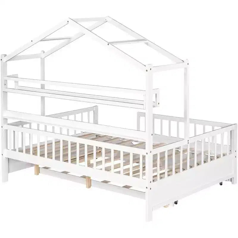 Acekool Full Size House Bed Frame with Twin Trundle, Storage Drawers & Shelves, Roof & Fence, Kids Platform Bed, White