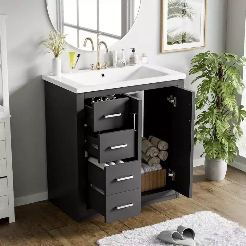 Meuble-lavabo de salle de bain à évier simple de 76 cm avec armoire et 3 tiroirs – Noir / Bleu / Vert / Indigo / Blanc