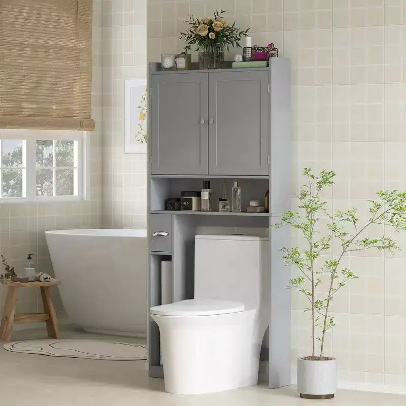 Meuble de rangement WC HOMCOM, Armoire de salle de bain moderne au-dessus des toilettes avec 2 portes, porte-papier toilette, étagère WC autoportante