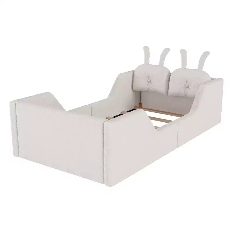 Whisen Twin Platform Bed, Kids Floor Upholstered Bed Frame with Rabbit Cushion, Removable Side Rails