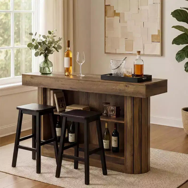 Table de bar Lantine, meuble de bar en bois de 160 cm avec repose-pieds en métal, table de bistrot avec étagères de rangement pour salon, bistrot, salle à manger (marron)