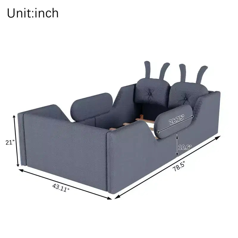 Whisen Twin Platform Bed, Kids Floor Upholstered Bed Frame with Rabbit Cushion, Removable Side Rails
